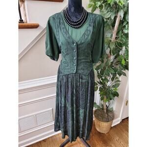 LGS Vintage Green 100% Cotton Round Neck 3/4 Sleeve Knee Length Dress Size 16